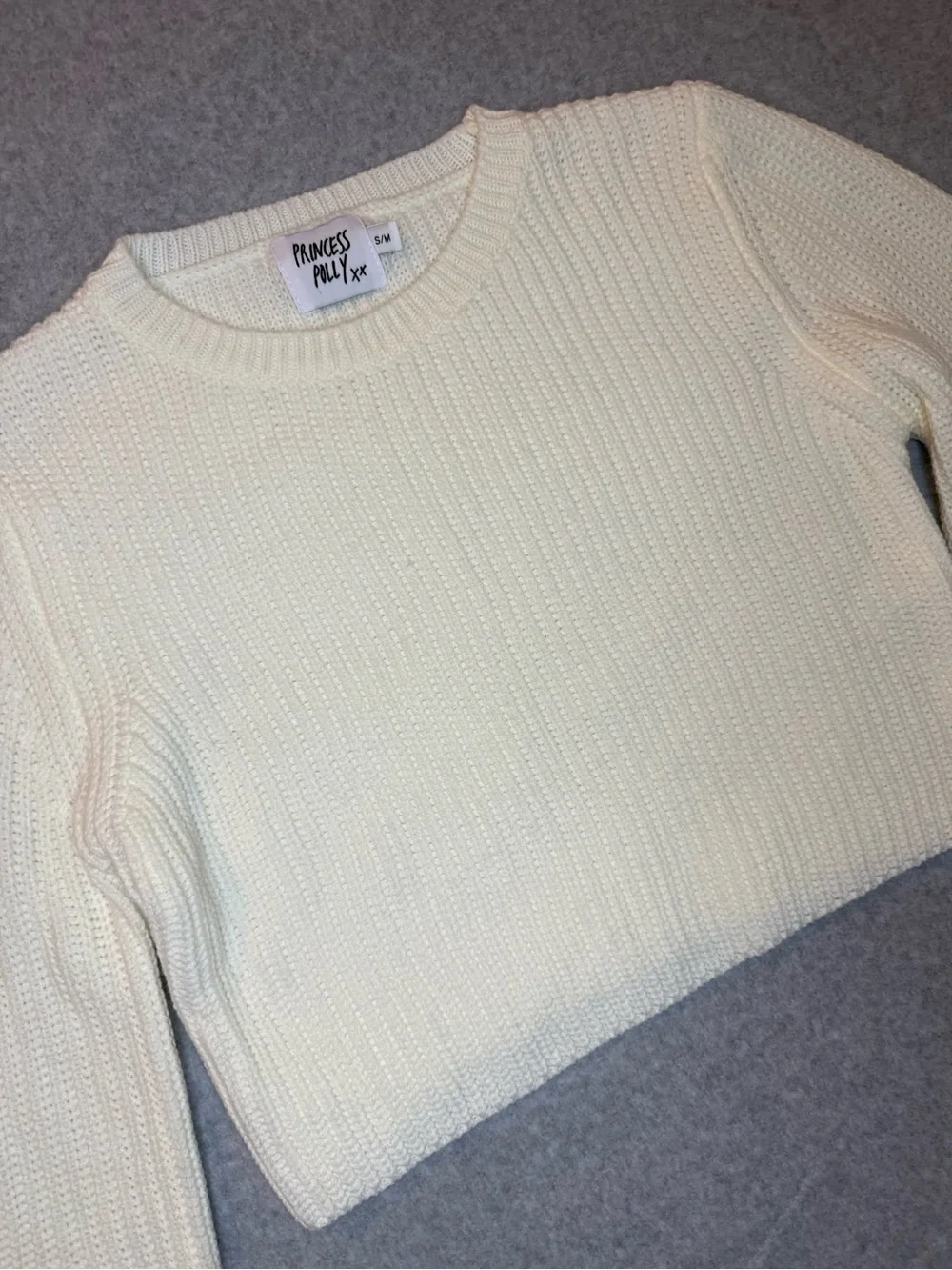 Princess Polly Cream Ribbed Cropped Crewneck Sweater